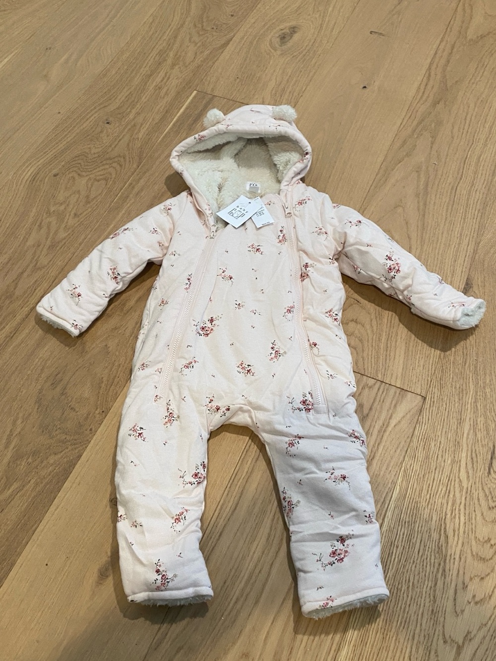New GAP Light Pink Floral Quilted Hooded Baby One-Piece NWT
